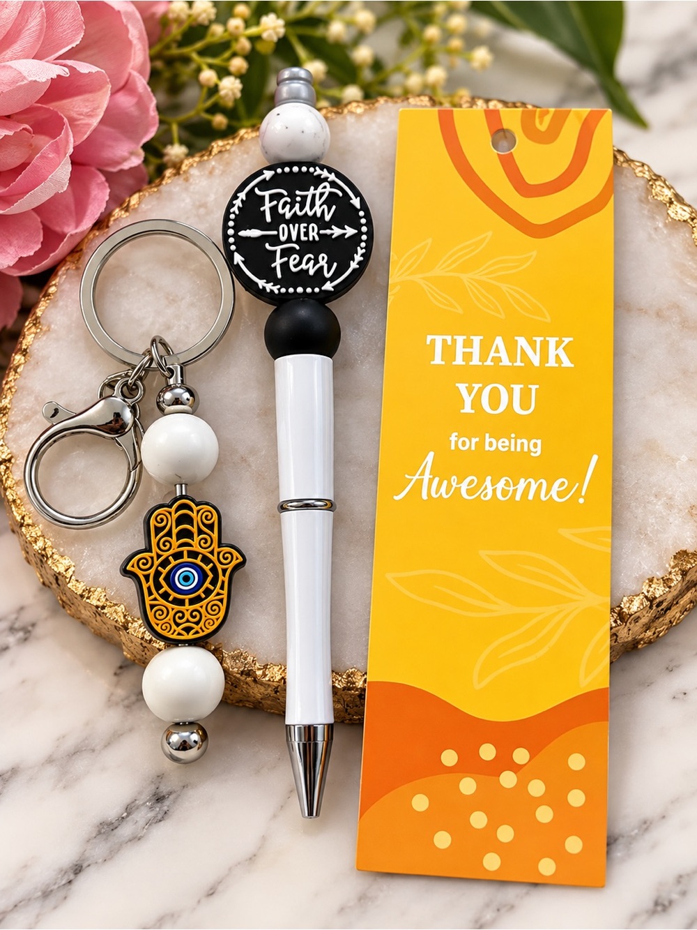 Faith Over Fear White Beaded Pen & Hamsa Keychain Gift Set